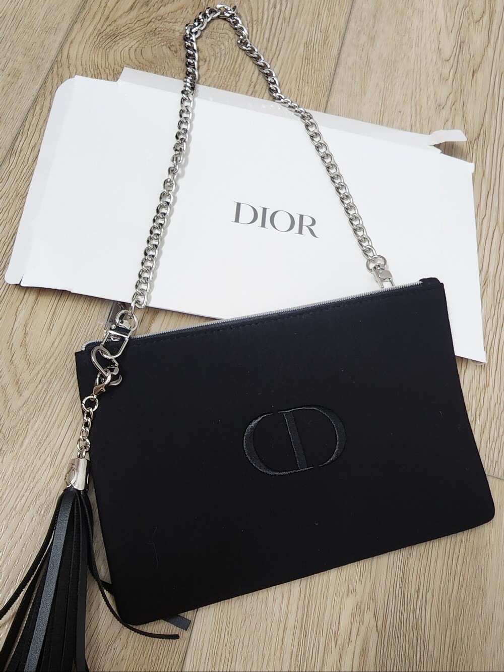 Dior Black Embroidered Soft CD Zip Pouch Clutch Bag With Silver Chain Strap